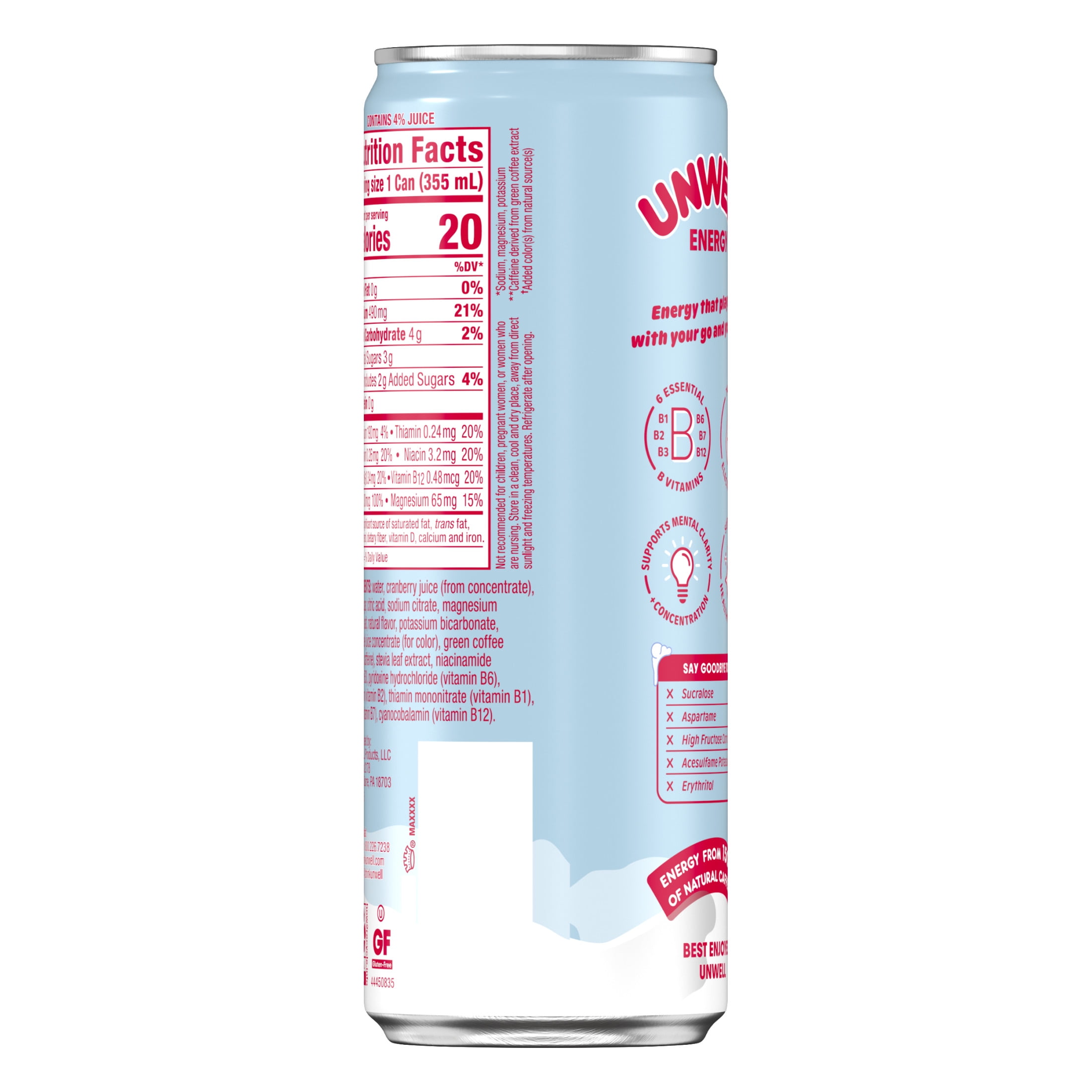 Unwell Sparkling Energy Drink, Natural Caffeine, 3g Sugar - Frosted Cranberry, 12 PK