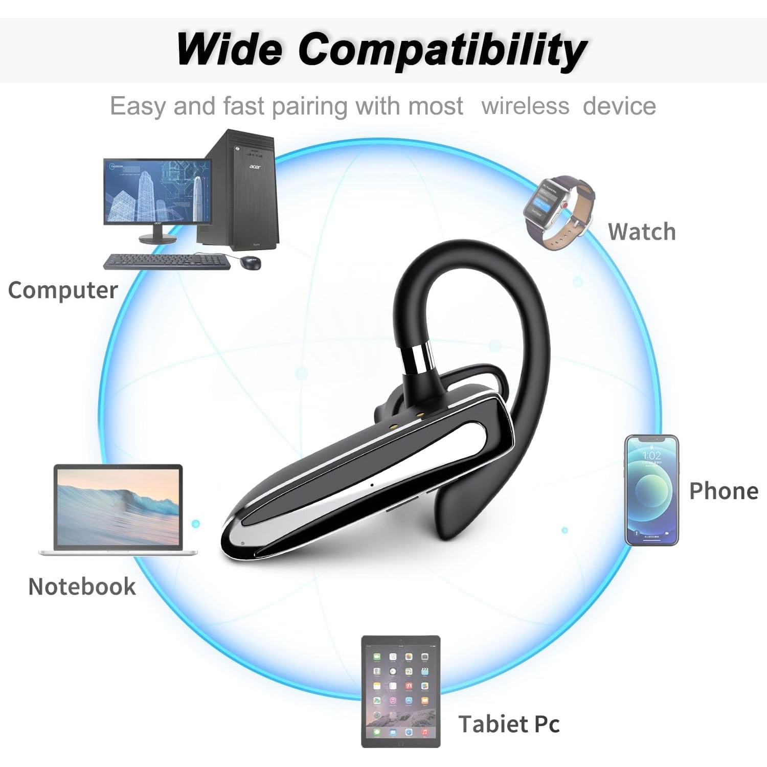 Bluetooth Headset Single Ear Business in-Ear Earbuds for Cell Phone, Wireless Earpiece Hands-Free Earphones,in Mic with Charging Case, for Office Working Driving Calling Compatible Android/iPhone