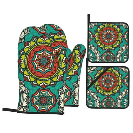 

Ethnic pattern background (9) Oven Mitts Pot Holders Set Non-Slip Cooking Kitchen Gloves Washable Heat Resistant Oven Gloves for Microwave BBQ Baking Grilling