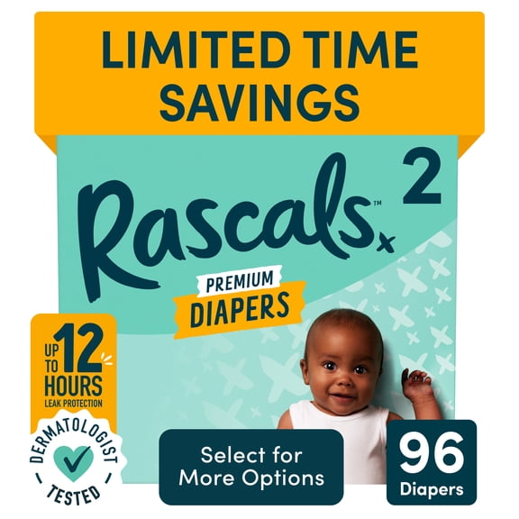 Rascals Premium Absorbent Baby Diapers Size 2, 96 Count