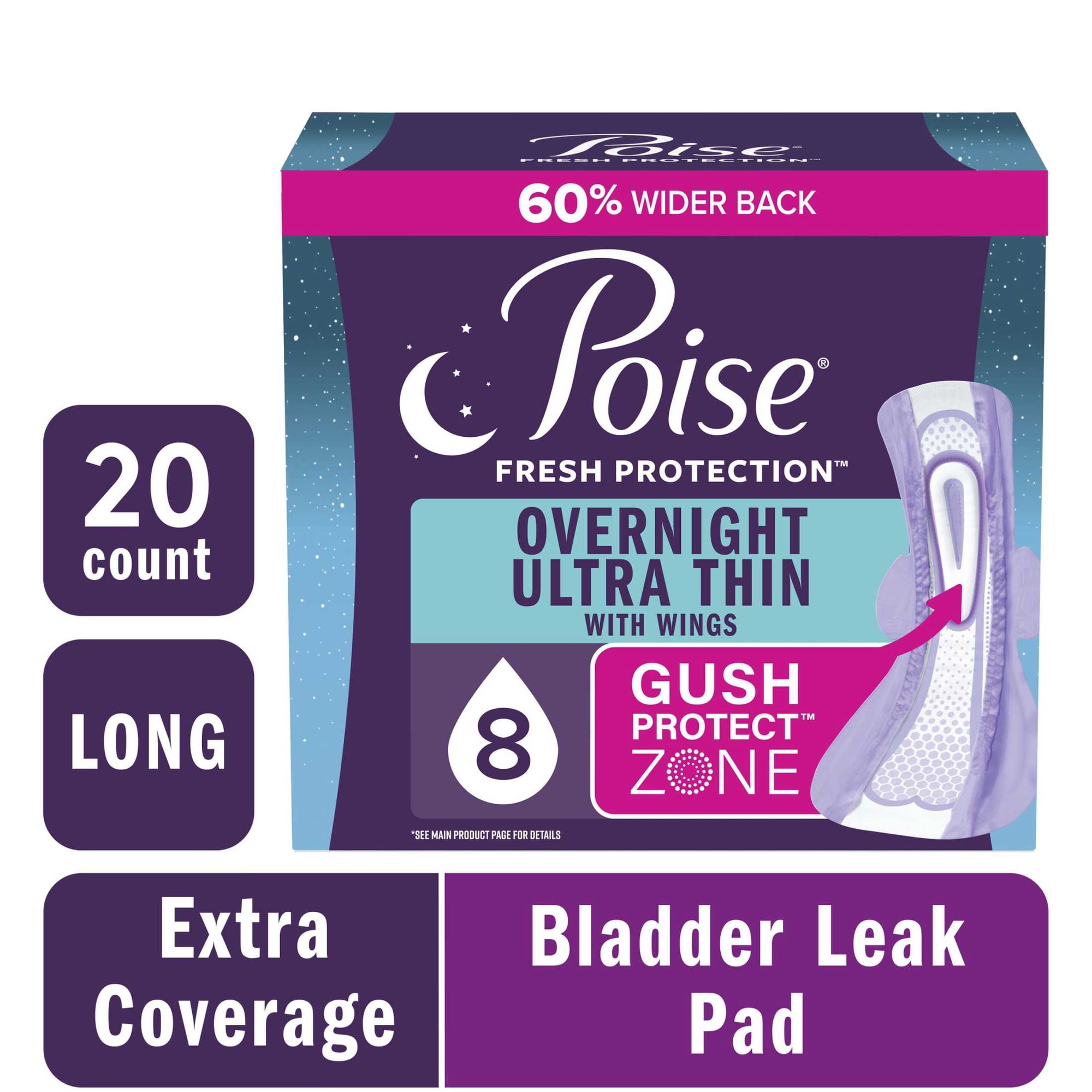 Poise Overnight Ultra Thin Incontinence Pads with Wings, 8 Drop Extra Absorbent, 20 Count