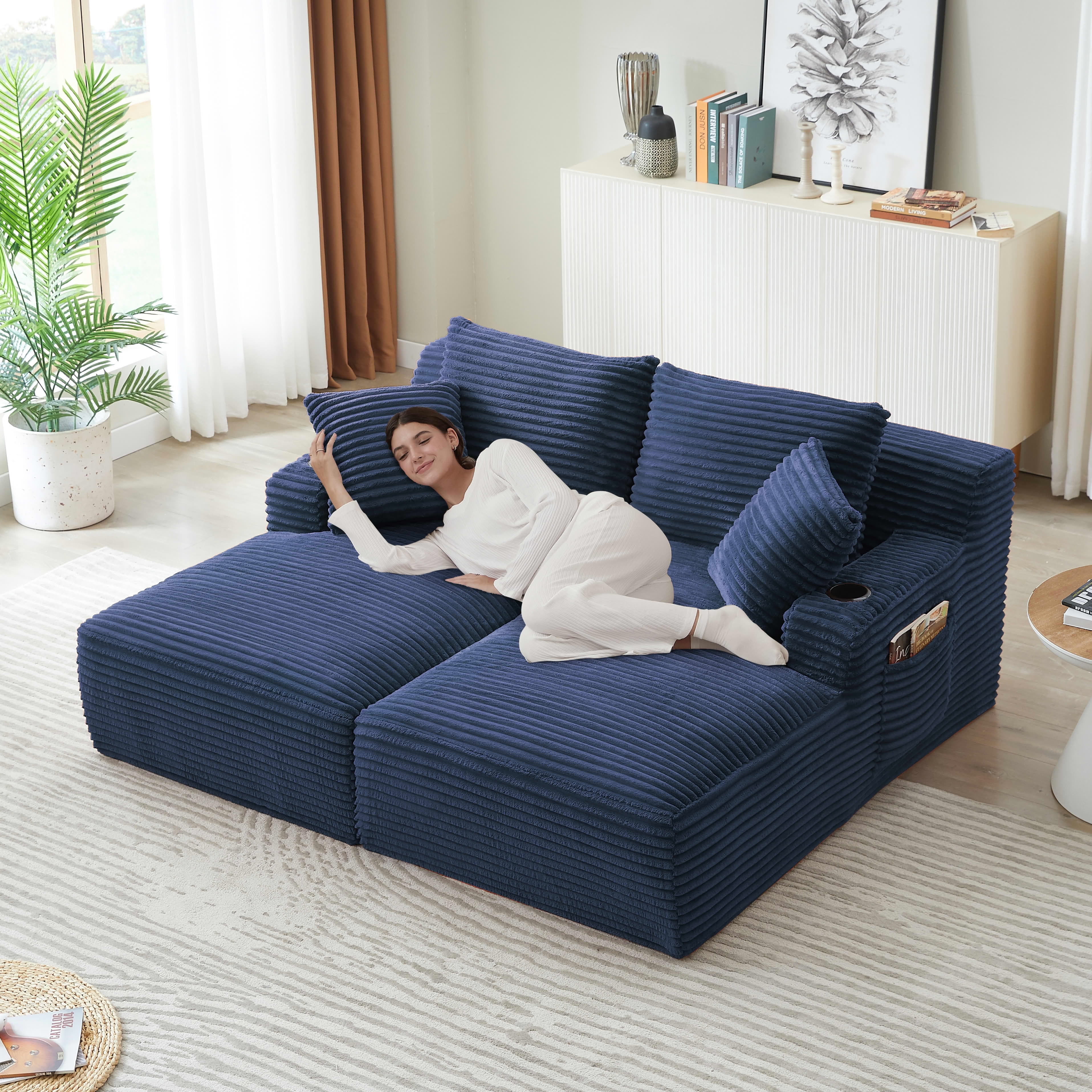 MAYEERTY Corduroy Double Chaise Lounge Sleeper with Cupholders, Spring Padding for Living Room Bedroom, Blue