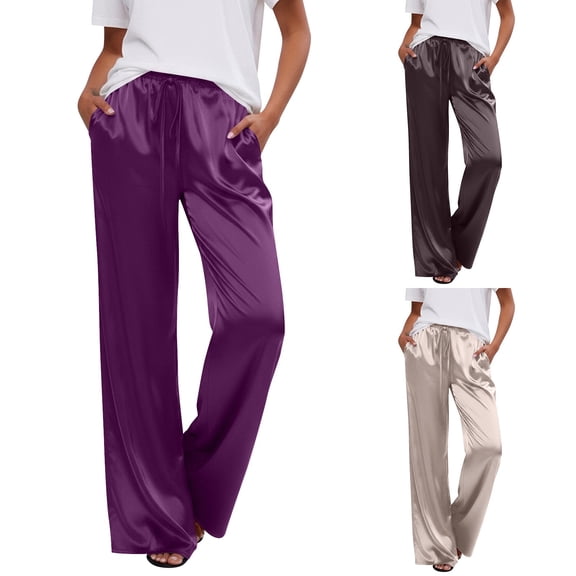 Women Clothing Cargo Pants Ladies Summer Satin Drawstring Elastic Waist Casual Pants Wide Leg Pants White L