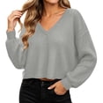 thumbnail image 2 of XRoczxe Women’s V‑Neck Long Sleeve Waffle Knit Crop Top, Casual Solid‑Color Loose Cropped Pullover Shirt, 2 of 9