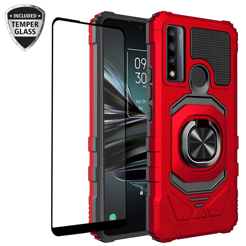 Detectable Apartment Hymn Alcatel TCL 20XE Case with Tempered Glass Screen Protector Ring Car Mount  Kickstand Hybrid Hard PC Soft TPU Shockproof Protective Phone Case - Red -  Walmart.com