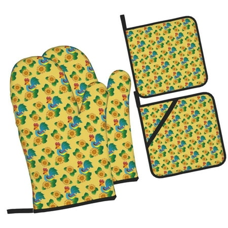 

Daiia Roosters And Sunflowers Pattern Oven Mitts and Pot Holders 4 pcs Set High Heat Resistant 500 Degree Extra Thicken Long Kitchen Cotton Oven Glove