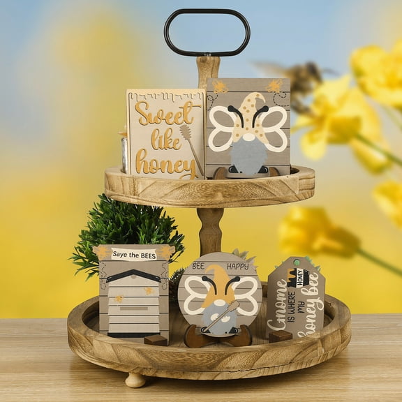 Summer Bee Tiered Tray Decor Set Honey Bee Decor Wooden Signs Farmhouse Sunflower Bee Mini Wood Tabletop Decorations for Home Kitchen