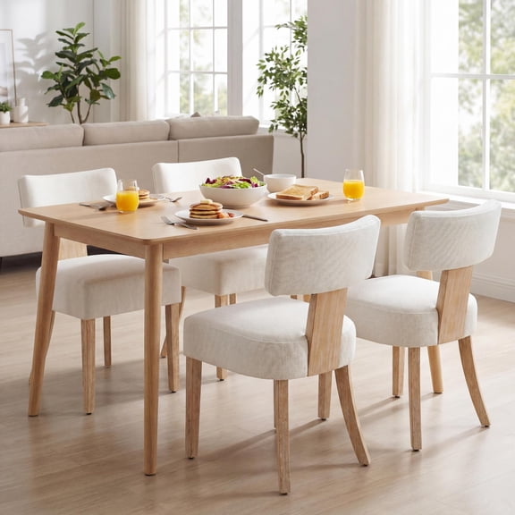 TrumanPick Dining Chairs Set of 4, Mid-Century Modern Linen Upholstered Kitchen Chairs with Curved Backrest & Solid Wood Leg, Farmhouse Side Chairs for Dining Room Restaurant, Beige