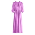 thumbnail image 7 of HADST Women's Collared V-Neck Puffed-Sleeve Maxi Dress, 3/4 Sleeves High-Waisted Pleated A-Line, 7 of 7