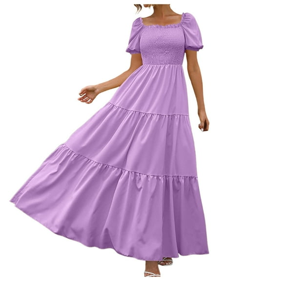 aDJFDGT Lavender Dresses for Women Women's 2024 Floral Boho Dress Wrap Crew Neck Short Sleeve Belted Ruffle Hem A Line Flowy Maxi Dresses