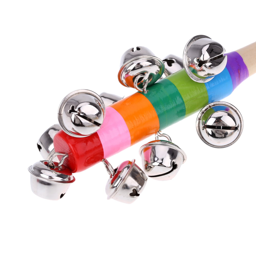 YUIO Hand Held Bell Stick Wooden with 10 Metal Jingles Ball Colorful Rainbow Percussion Musical Toy for KTV Party Kids Game colorful 