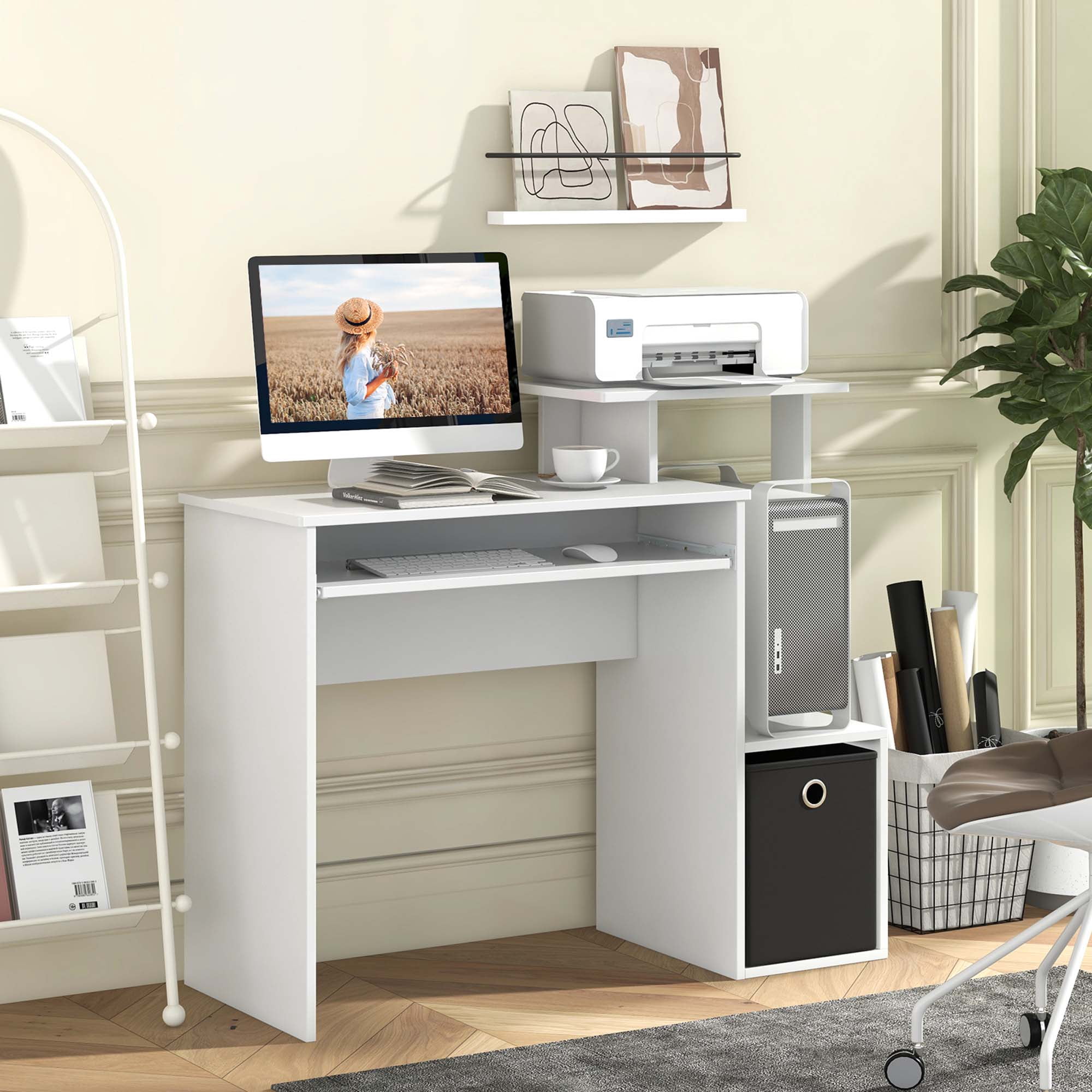 Costway Home Office Computer Desk Space-saving Study Writing Desk with Keyboard Tray White