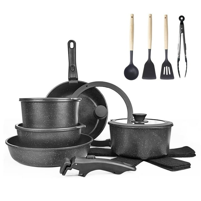 Sartenes Antiadherentes, Juego de 19 Ollas y Sartenes, Juego de ollas y sartenes antiadherentes, Sartenes para cocinar, Mango Desmontable, Juego de utensilios de cocina, Ollas de inducción sartenes