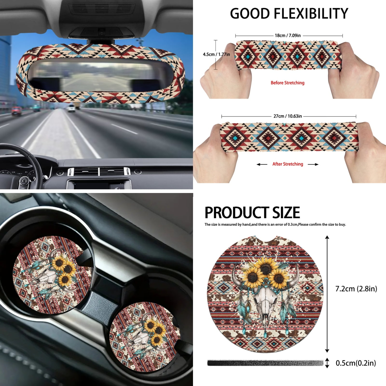 Yuyamidu Deer Car Seat Covers Set 16 PCS Sunflower Steering Wheel Cover Seat Belt Pads Coasters Southwest Aztec Rearview Mirror Cover Key Ring Car Window Shade Handbrake Gear Shift Knob Cover