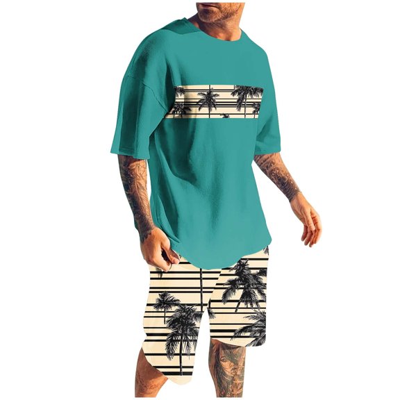 YLSDY Men's 2 Pieces Outfit Short Sleeve Hawaiian Print Tee and Graphic Drawstring Waist Shorts Sets Summer Fashion Suits Green M