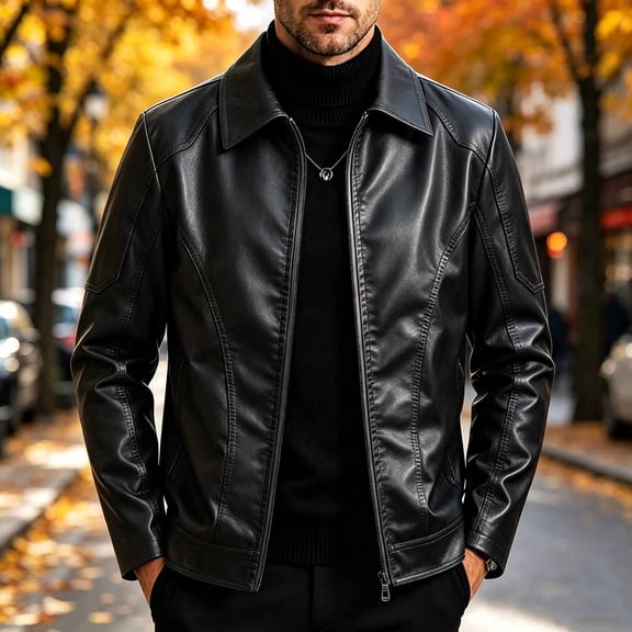 Ahabrexf Men's Black Faux Leather Jacket, Full Zip Long Sleeve Casual Outerwear, Point Collar Regular Fit for Autumn and Winter Daily Use