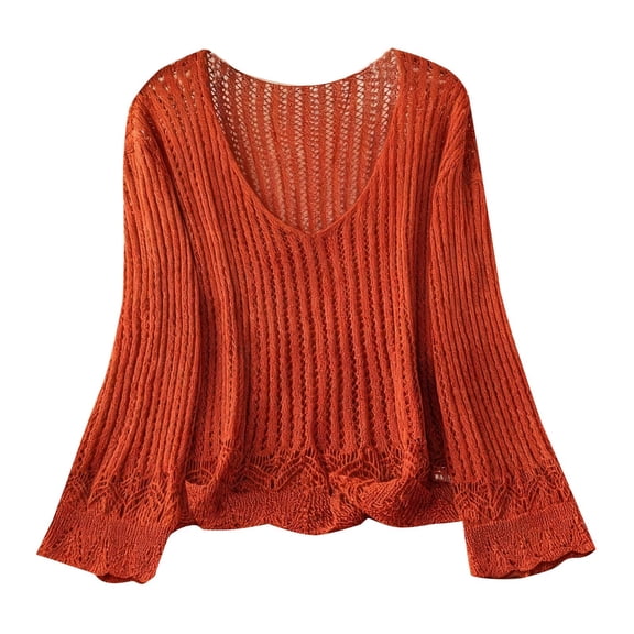 Women's Crochet Sweaters Hollow Out V-Neck Long Sleeve Knitted Pullover Tops Fall Outfits