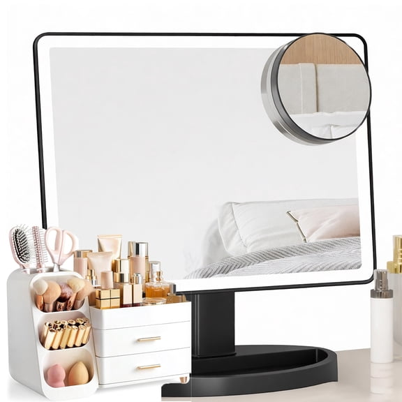Large 88 LED Lighted Mirror 10X Mag, 3 Color Vanity w/ Cosmetic Organizer, 360 Rotation Touch Screen Storage Set