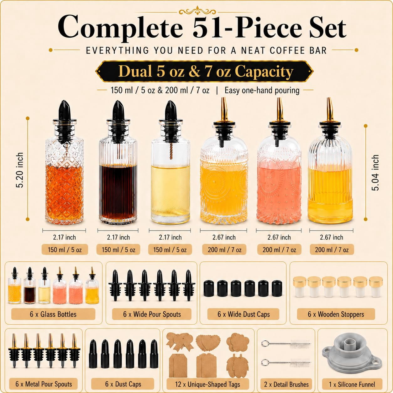 Syrup Dispenser Bottles Set Of 6  Simple Bottle For Coffee Bar Accessories 5oz & 7oz Glass Containers Maple Honey Oil Metal Pour Spouts Labels