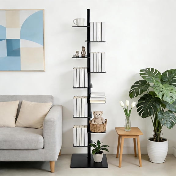 Narrow Bookshelf, 9-Tier Bookcase, Spine Book Shelf for Small Space, Corner Standing Shelf for Living Room, Office, Study, Entryway, Black