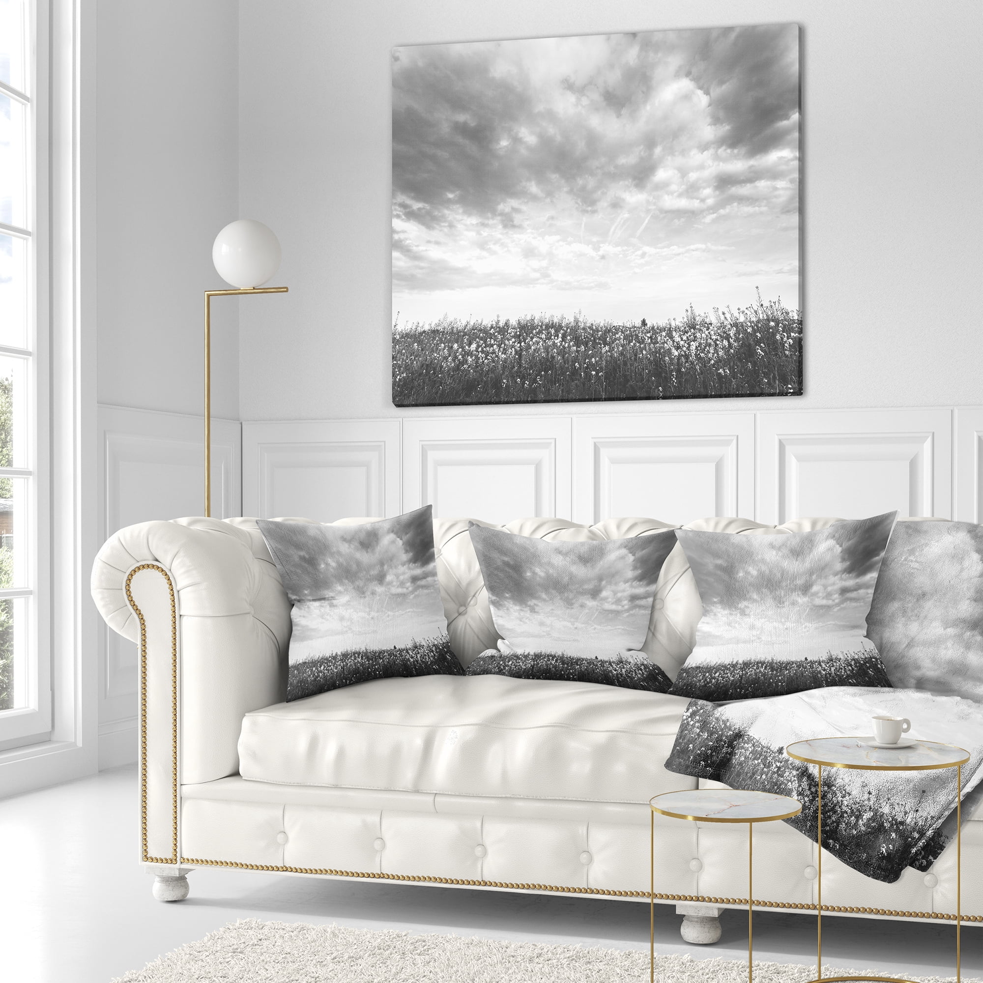 Designart Rapeseed Garden in Black and White - Landscape Printed Throw Pillow - 18x18