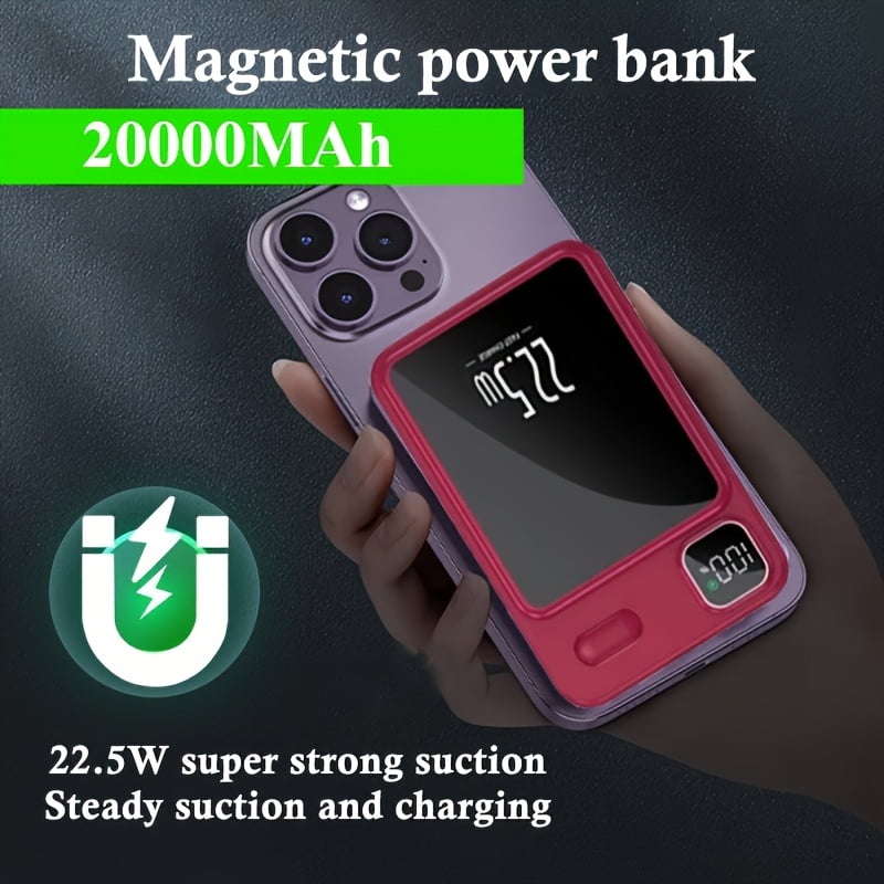 Magnetic Wireless Fast-Charge 20000mAh Power Bank with Stand, Ultra-Thin Compact Mirror Design, LED Display, Portable Emergency Backup Battery for Travel