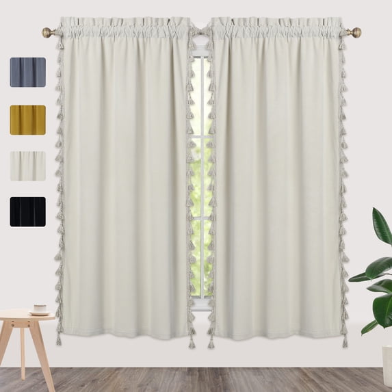 Haperlare Gream Velvet Tassels Cafe Curtains 45 inches Length Heavy-Duty Room Darkening Tier Curtains for Kitchen Curtains, 26"W x 45"L, Set of 2