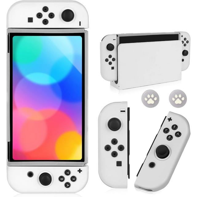 KOMI Switch OLED Case for Nintendo Switch OLED Model, Dockable Cover Soft TPU Protector Case for Switch OLED Grips & Console and Accessories with 2 Pcs Thumb Caps, Frosted Clear