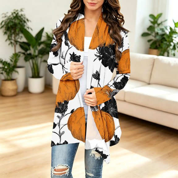 Women's Halloween Sketch Pumpkin Floral Print Open Front Long Sleeve Cardigan Fall Outer Coat