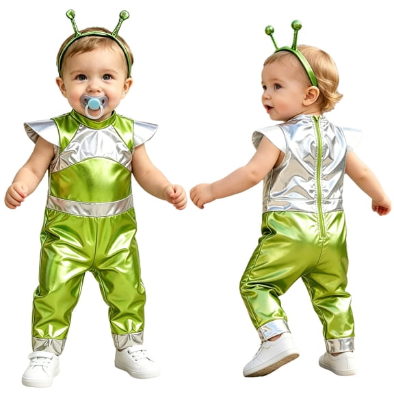 vastwit 2-Pieces Baby Alien Outfit Toddler Boys Girls Metallic Jumpsuit with Antenna Headband Fluorescent Green 12-18M