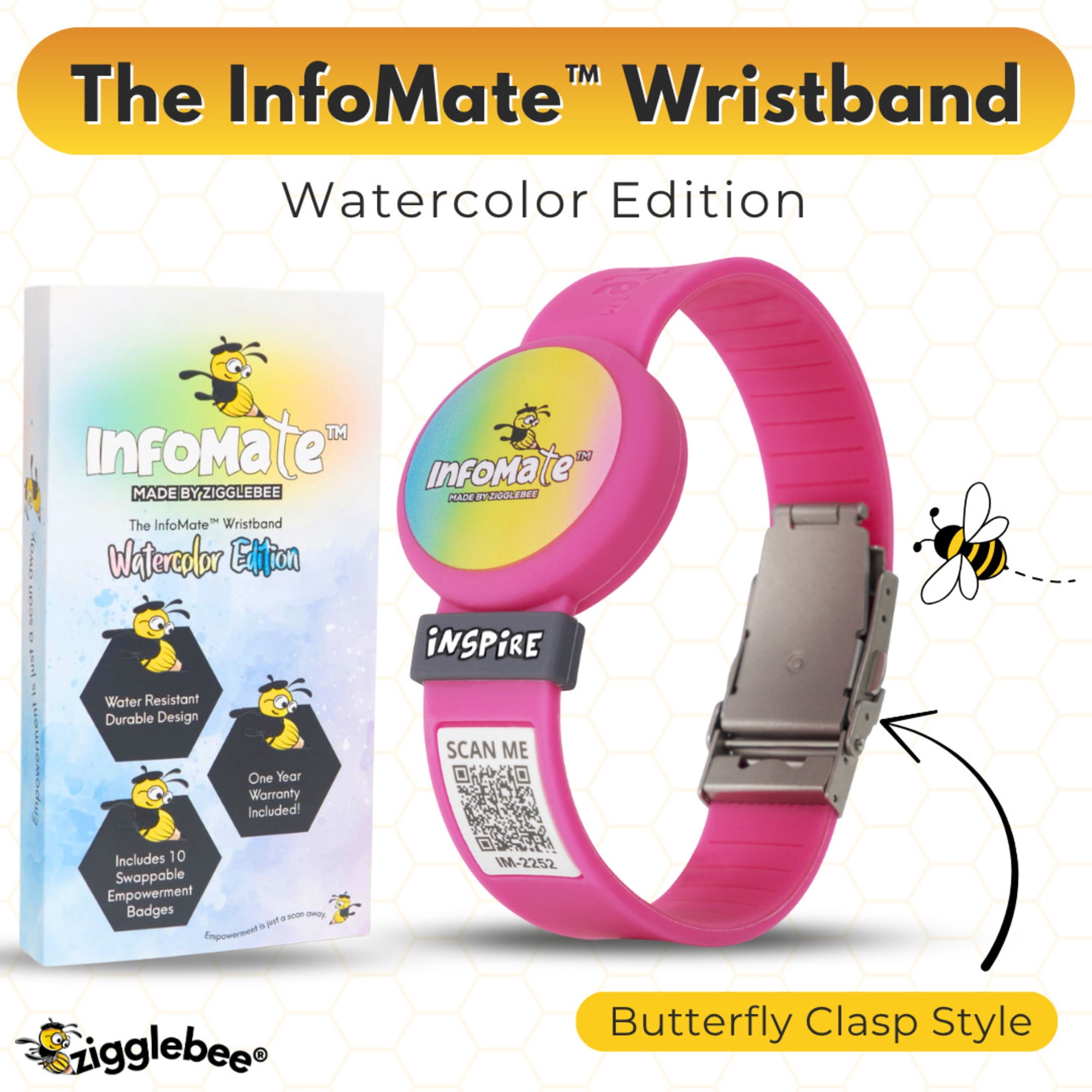 InfoMate by Zigglebee QR Code Medical Bracelet and AirTag Holder Wristband, Hot Pink, Butterfly Clasp