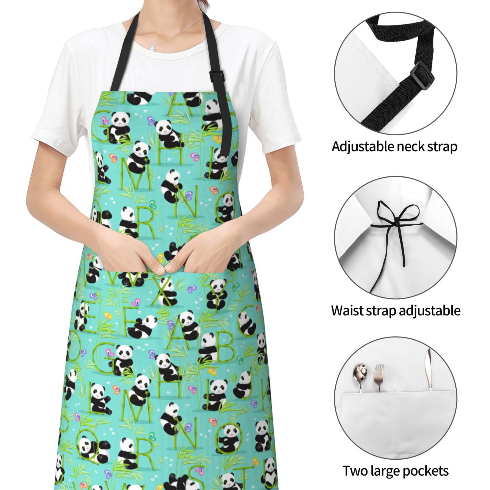 Kdxio Alphabet And Panda Apron with Pockets Adjustable Kitchen Aprons for Men Women Waterproof Aprons for Cooking,Drawing,Crafting, Baking Household Cleaning