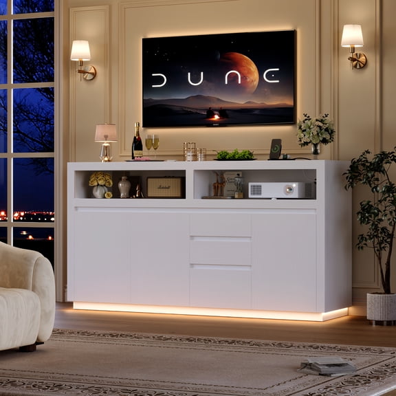 Hiphuta Farmhouse TV Stand with RGB LED, Modern Entertainment Center with Doors and Drawers, White