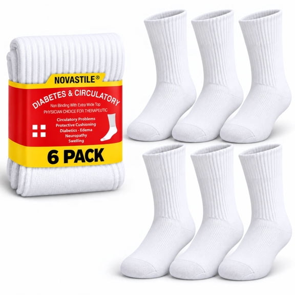 NOVASTILE Diabetic Crew Socks for Men & Women, 6 Pairs, Size 9-11, Non-Binding Cotton, Cushioned Loose Fit, Moisture-Wicking for Neuropathy