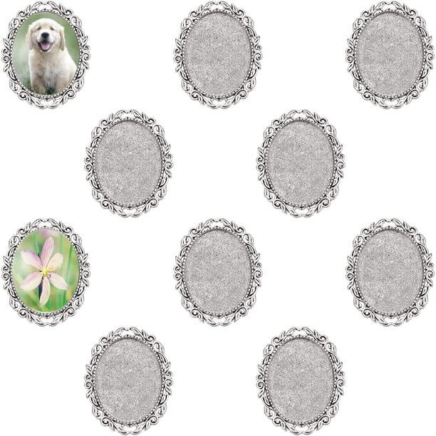10 piezas de broche de alfiler con engaste de cabujón, bandeja de broche vintage, engaste de cabujón de aleación ovalada con alfiler en la parte posterior, dije de foto nupcial