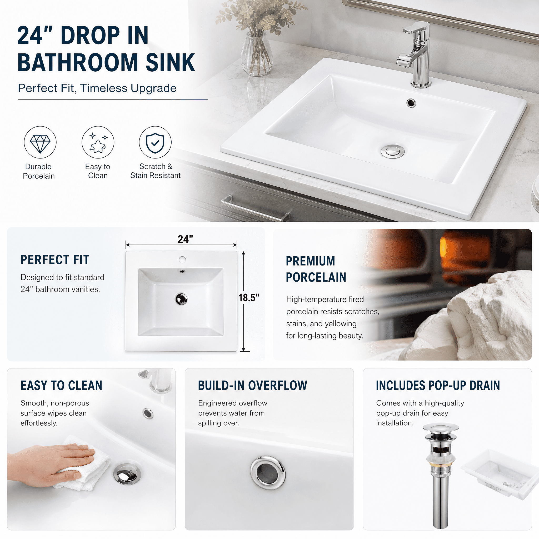 24″W x 18″D Drop In Bathroom Ceramic Vessel Sink with Single Hole, White Rectangle Porcelain Vanity Top Mount with Overflow for Bathrooms Replacement