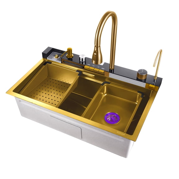 Kitchen sink double waterfall sink with cup washer, soap dispenser, waterfall mixer, worktop controller, etc. workstation kitchen sink (Gold, 29.5 * 17.7 * 8.7 IN)