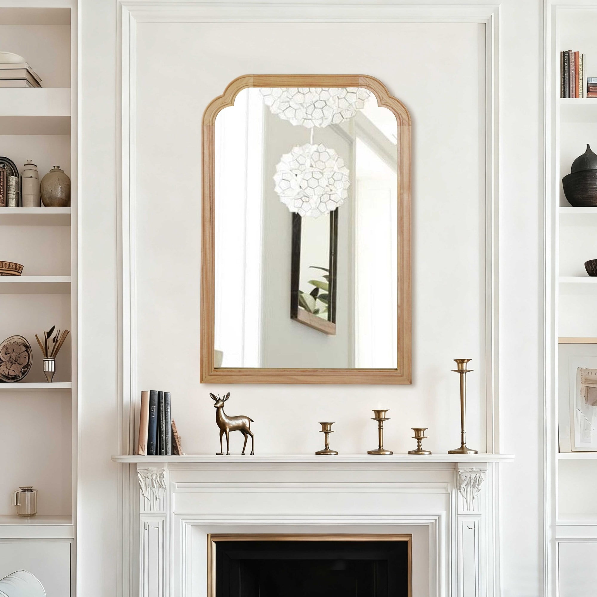 Leumius 24"x 36" Rounded Corner Mirror, Solid Wood Frame Decorative Mirror for Bedroom Bathroom Living Room Entryway Natural