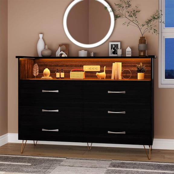 6 Drawer Dressers for Bedroom,Dresser with LED Lights & Power Outlet, 6-Drawer Wooden Chest with 2-Tier Open Shelf, Modern Wide Storage for Bedroom, Living Room, Entryway