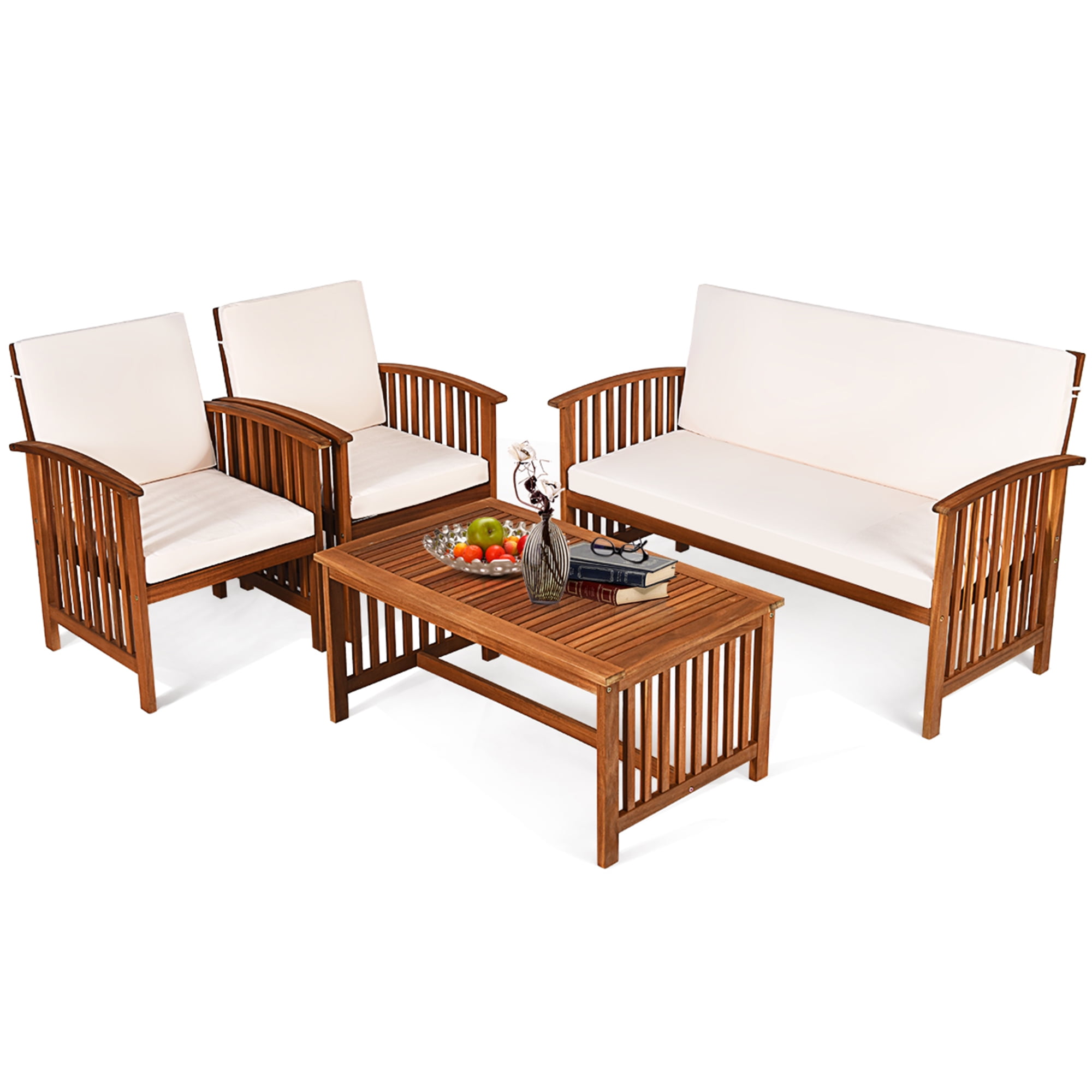 Costway 4PCS Patio Solid Wood Furniture Set Conversation Coffee Table W