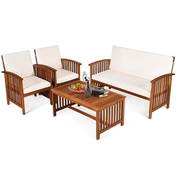 Costway 4PCS Patio Solid Wood Furniture Set Conversation Coffee Table W