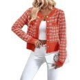 thumbnail image 1 of Blazer à Carreaux pour Femmes, Cardigan Décontracté Chic à Boutons, Col Rond, Manches Longues, Veste en Tricot Texturé Orange-Rouge TG, 1 of 9