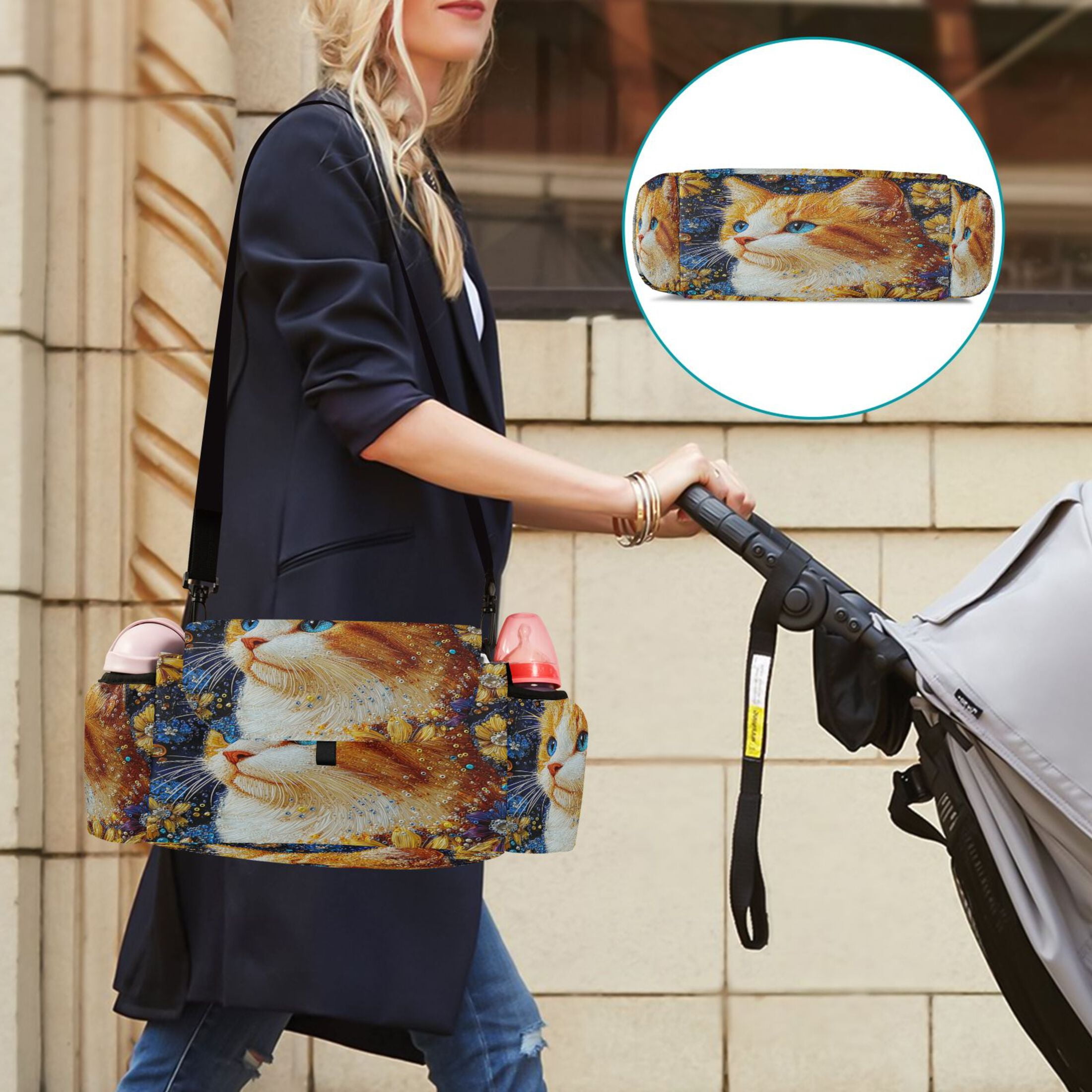 DIXRUYEE Stroller Organizer Bejeweled Cat Among Blooms Printed