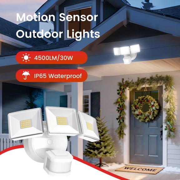 Motion Sensor LED Flood Outdoor Light, 4500/3500LM 30/26W, IP65 Waterproof Security Light, 50ft Detection 180° Wide Angle, Dusk To Dawn Hardwired (Black/White) for Christmas/Yard/Garage