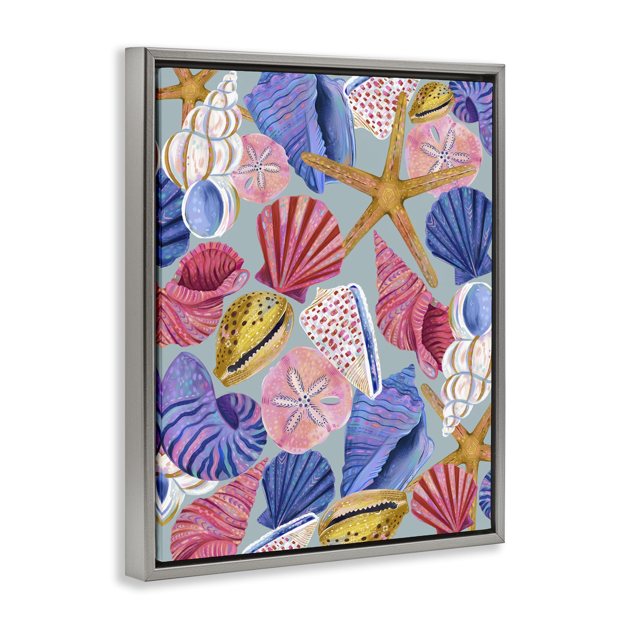 Stupell Industries Bright Seashells Assortment Nautical & Beach Painting Gray Floater Framed Canvas Art Print Wall Art, 17 x 21