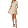 thumbnail image 2 of INSPIRE CHIC Women's Ruffle Floral Bow Tie Chiffon Puff Short Sleeve Fit & Flare Dress XL Apricot White, 2 of 5
