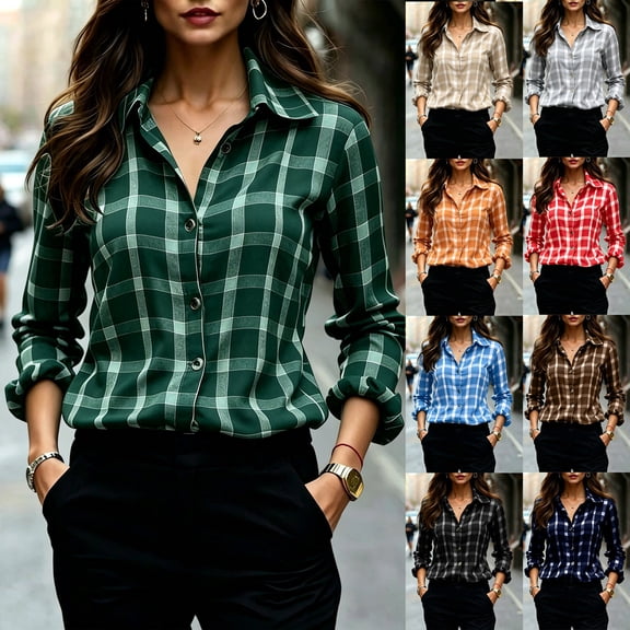 Hueook Plaid Button Down Shirt For Women Flannel Collared Work Tops Dressy Gingham Fall Long Sleeve Checkered Blouse Khaki M