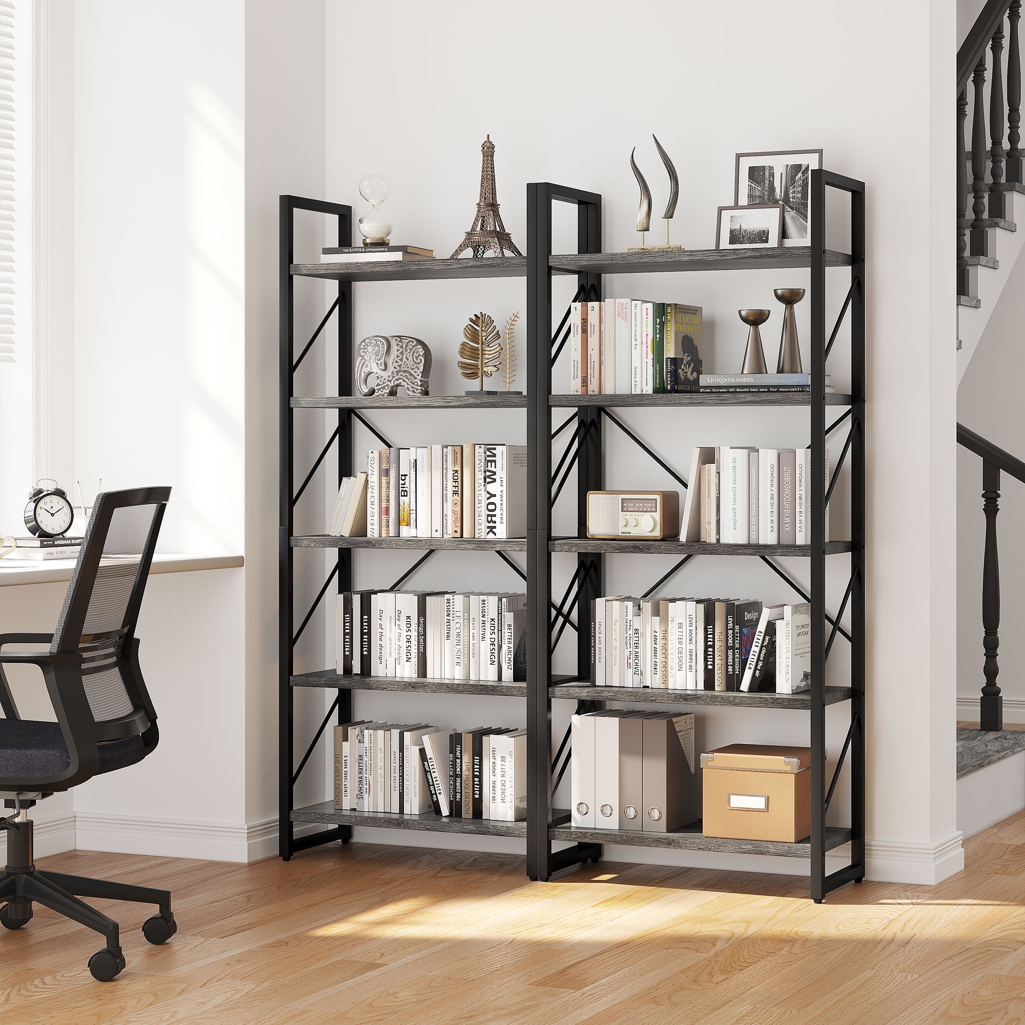 Dextrus 5-Tier Industrial Ladder Freestanding Bookcase with Open Storage Shelves, Gray & Black