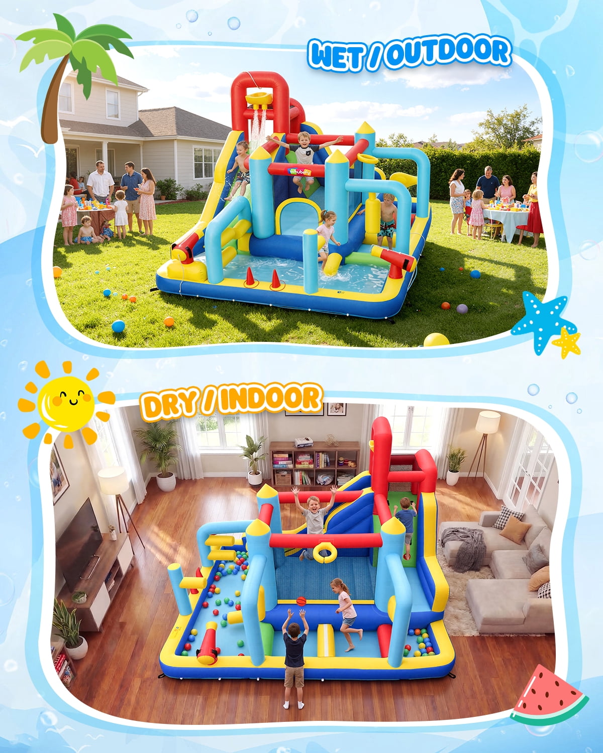 Adnoom Inflatable Water Slide w/550W Blower,Obstacle Bouncy House for Kids 3~10, Wet&Dry Backyard Bounce House w/Jumping Area,Pool,Slide,Climbing Wall,Water Gun, Basketball Hoop