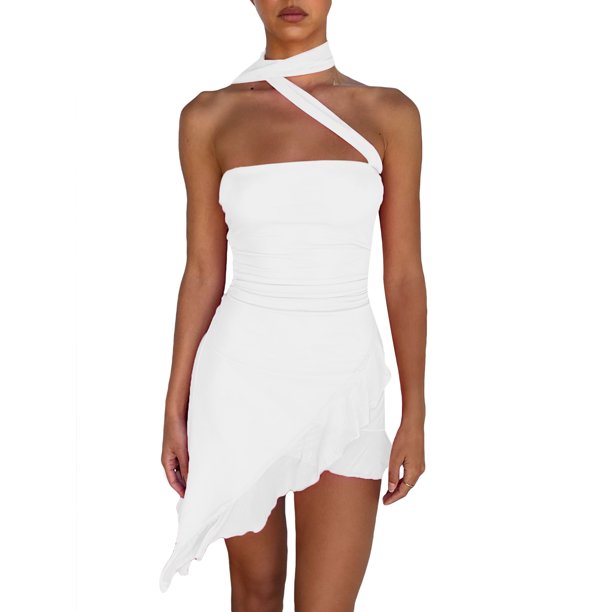 Lucakuins Vestido ajustado para mujer, sin mangas, cuello halter, sin espalda, con cordones irregulares, vestido midi con volantes Lucakuins moda